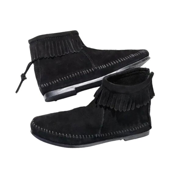 Minnetonka Ankle Fringe Moccasin Boots | Black Suede - Picture 1 of 12